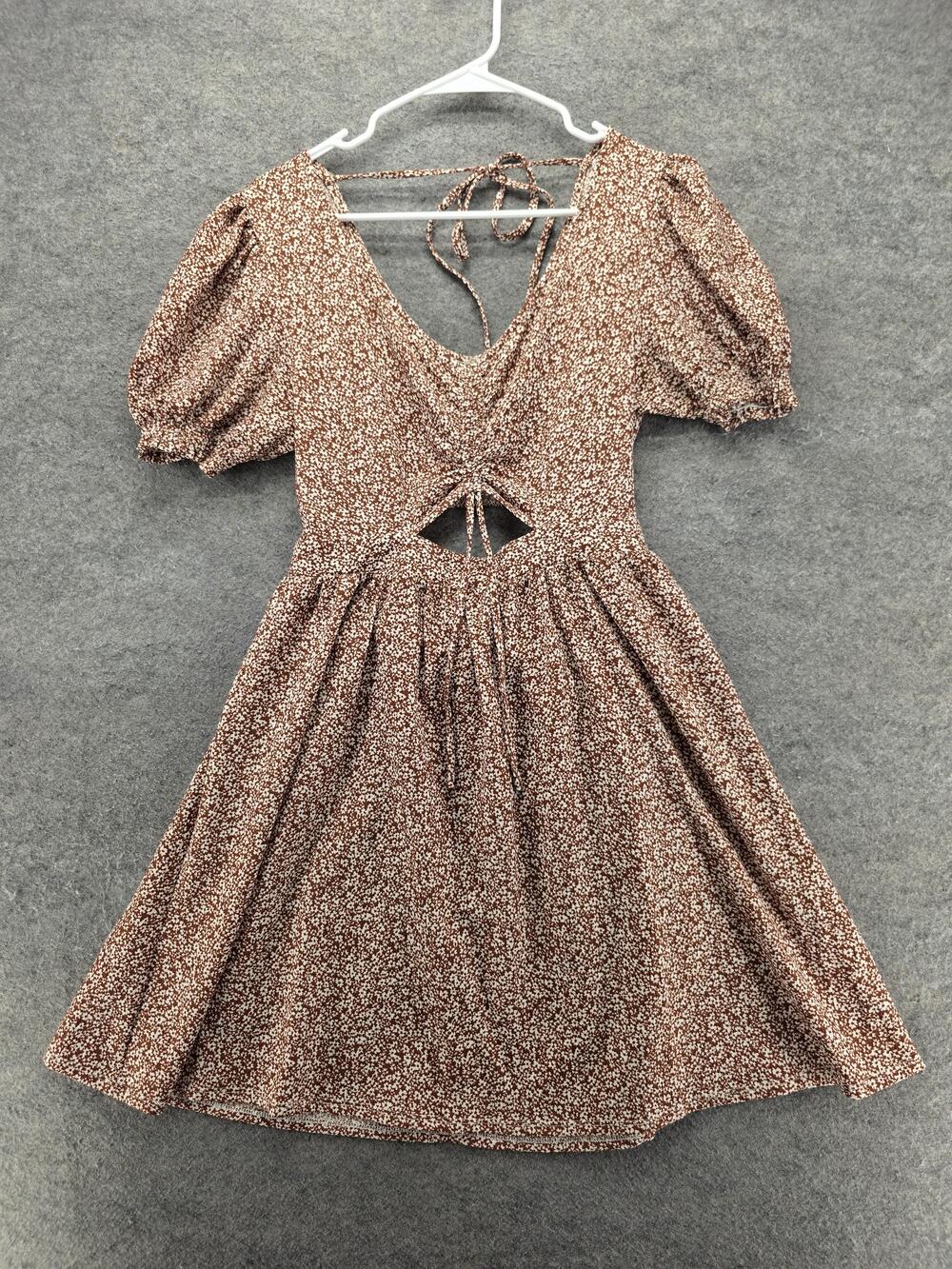 Midnight Doll Dress Womens L Brown Fit & Flare V-Neck Puff Sleeve Lined Tie